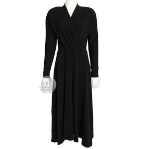 Vintage Black Wool Dress 80s Big Shoulders Cinched Waist Flowing Skirt LBD M/L